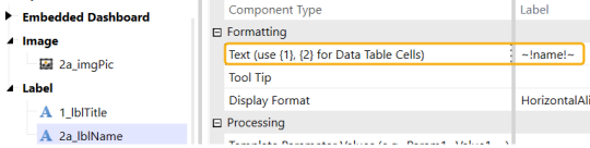 The label component Formatting Text property with template varible entered is boxed with yellow highlight.